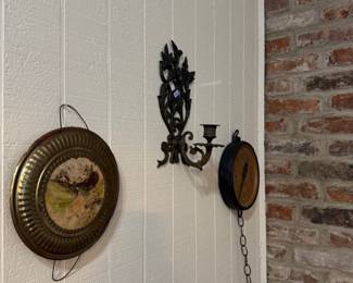 Brass wall tray, iron candle sconce and hanging scale