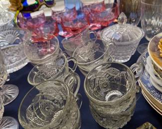 Pressed glass punch cups with pink glass cups