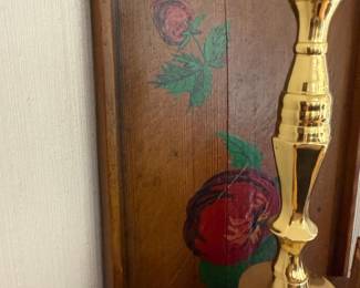 Brass bell and folk art painted rose wood panel