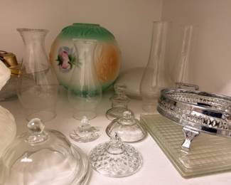 Painted globe lamp shade with glass chimneys