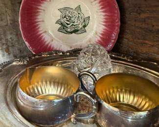 Silver plate creamer and sugar on footed tray