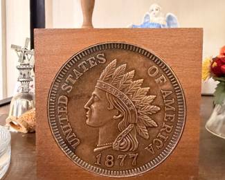 Carved wood 1877 Indian Head penny plaque