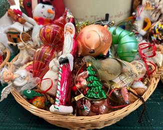 Basket of blown glass Christmas ornaments