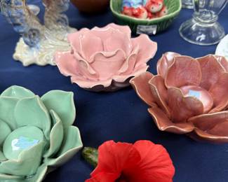 Ceramic flower figurines including red hibiscus