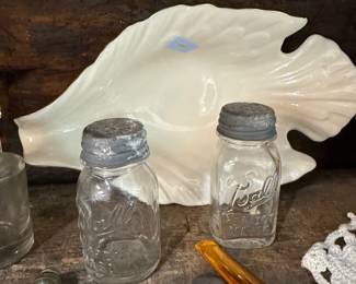 Milk glass leaf dish with Ball Perfect Mason jars