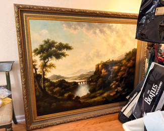 Large framed oil landscape painting in gilt frame