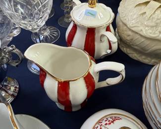 Red and white striped porcelain teapot and creamer