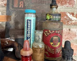 Higgins ink bottles and Royal Baking Powder tin