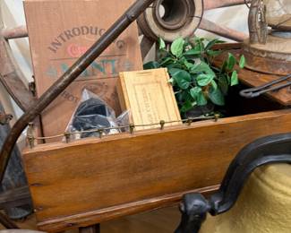 Primitive wooden tool tote with advertising crates