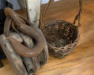 Antique wooden pulley block and willow gathering basket