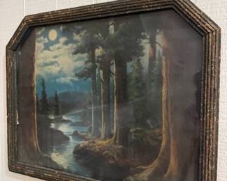 Antique framed moonlit forest landscape print