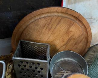 Vintage box grater sifter and wood cutting board