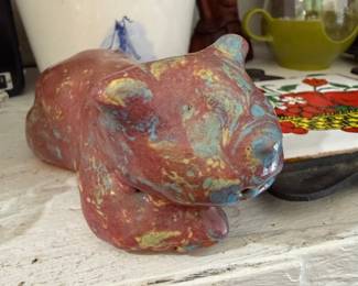 Art pottery bear figurine, multicolor glaze