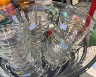 Large glass punch bowl with matching cups