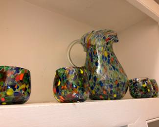 Multicolor confetti art glass pitcher and bowls
