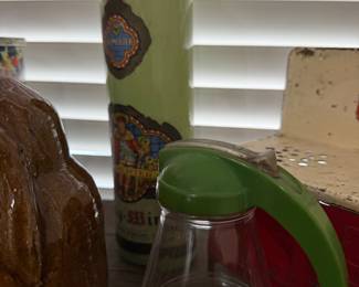 Jadeite handle glass syrup dispenser and liqueur bottle