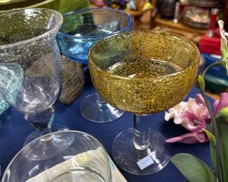 Amber bubble glass compote with colored glass bowls
