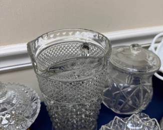 Pressed glass vase, covered jam jar and bowls