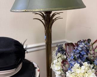 Tall brass palm frond table lamp with metal shade