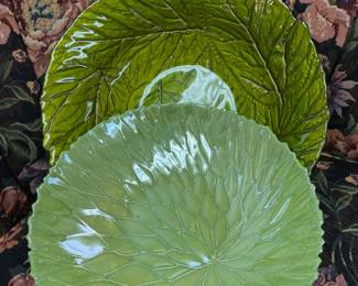 Green majolica style cabbage leaf bowl and plate