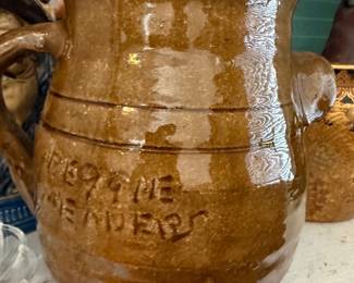 Antique salt glaze stoneware pitcher with incised lettering