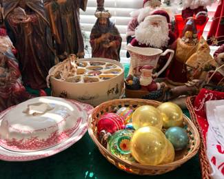 Christmas transferware casserole and glass ball ornaments