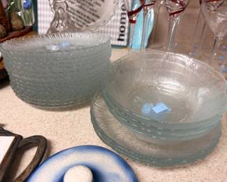 Set of frosted glass plates and bowls