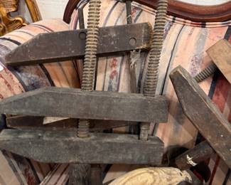 Antique wooden screw bar clamps and hand tools