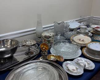 Silverplate serving pieces with china and glassware