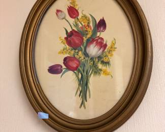 Antique oval framed tulip floral print