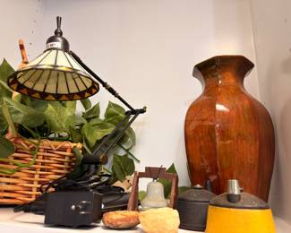 Stained glass desk lamp and turned wood vase