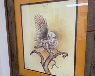 Signed snowy owl print in barn wood frame