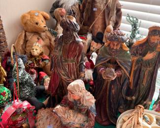 Large nativity figures with Santa figures and teddy bear