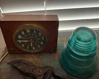 Westclox wood case alarm clock and glass insulator
