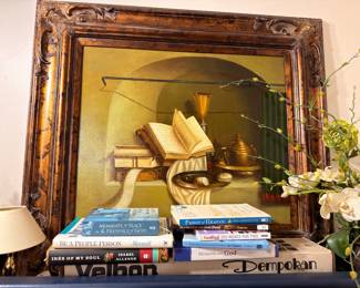 Gilt framed still life oil painting with books