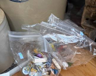 Marshall Pottery 5 gallon crock with bagged dollhouse miniatures