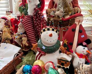 Santa figures, snowman cookie jar and vintage glass ornaments