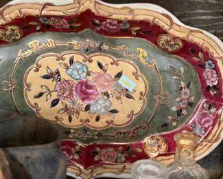 Hand-painted floral porcelain oval tray with gilt