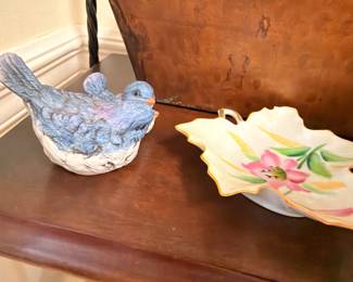 Ceramic bluebird figurine and painted leaf dish