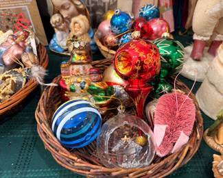 Basket of vintage glass Christmas ornaments