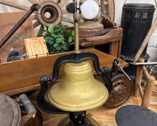 Cast iron mounted farm bell, gold painted