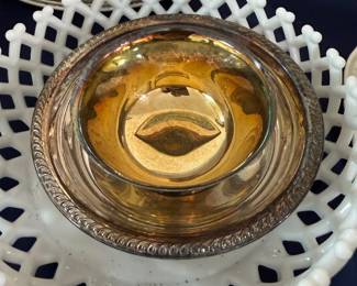 Milk glass lattice edge bowl with gilt glass dish