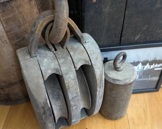 Large antique wooden triple sheave pulley block
