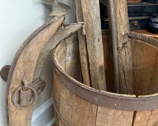 Primitive staved wooden bucket with iron bands