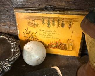 Vintage tin motto plaque, marble egg and New Testament