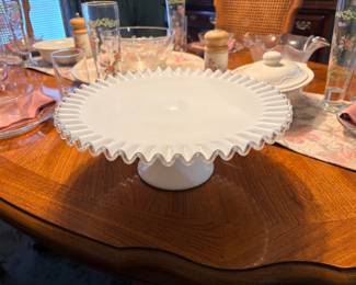 vintage Fenton Silver Crest pedestal cake stand features white milk glass with a distinct clear ruffled crystal crimped edge