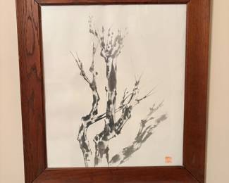 framed East Asian monochrome ink wash brush painting features a gnarled tree trunk with expressive dry-brush texturing