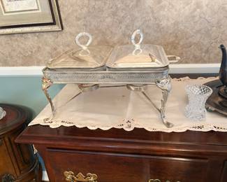 vintage silver-plated double casserole chafing dish and food warmer features two glass baking inserts with matching silver-plated lids