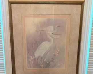 framed Two White Egret Birds Landing in Wetlands art print features a classic pastel marsh scene with double pink-accented matting and a slim gold-toned metal frame