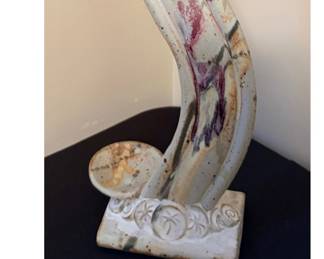 vintage signed Bowen art pottery abstract figure candle/tea light holder featuring a stylized human figure holding an upper bowl and resting beside a lower dish, dated '98